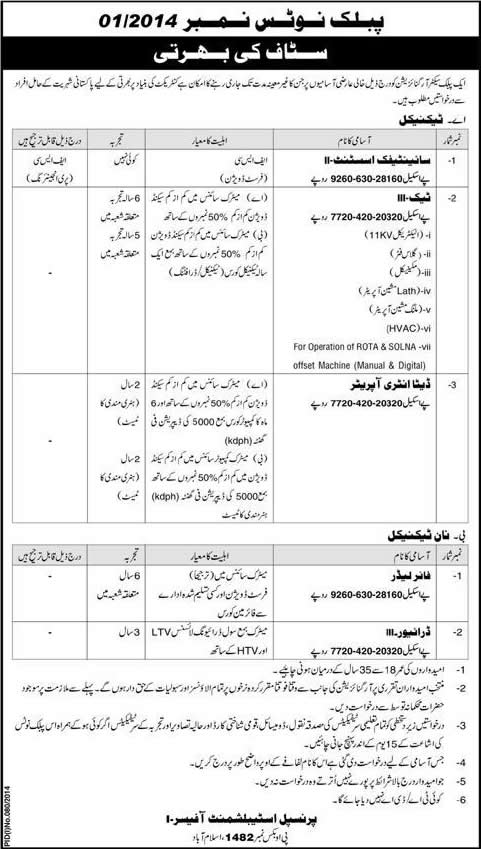 PO Box 1482 Islamabad Jobs 2014 July in PINSTECH Public Sector Organization Latest