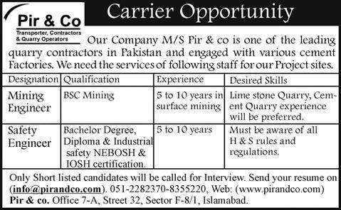 Mining / Safety Engineer Jobs in Islamabad 2014 July in Pir & Co