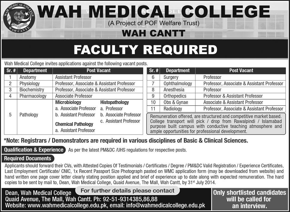 Wah Medical College Jobs 2014 July for Medical Faculty