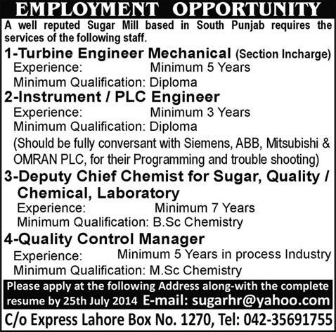 Instrumentation / Mechancial Engineers & Chemist Jobs in Punjab 2014 July in Sugar Mill