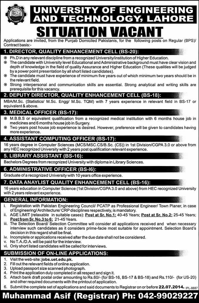 UET Lahore Jobs 2014 July Latest Advertisement