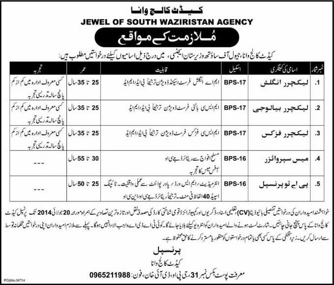 Cadet College Wana Jobs 2014 July for Lecturers, Mess Supervisor & Personal Assistant