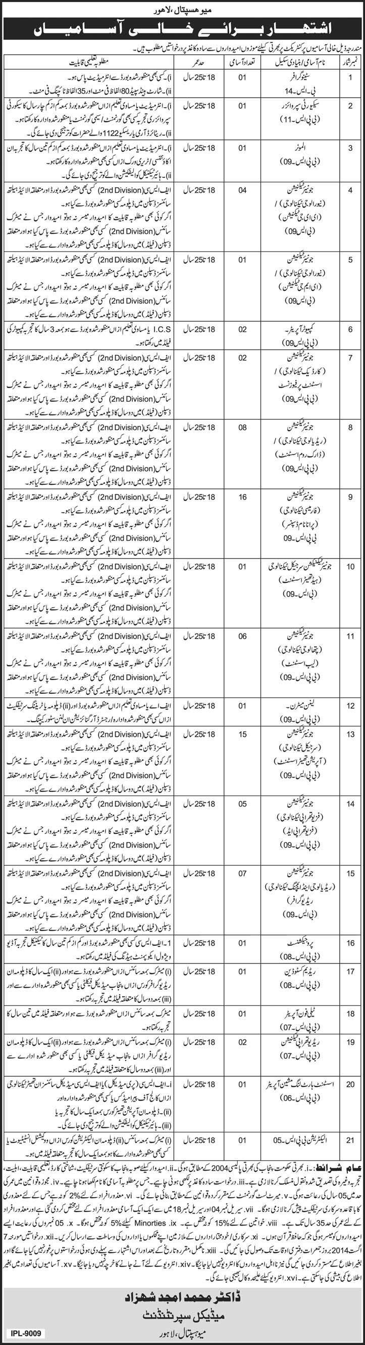 Mayo Hospital Lahore Jobs 2014 July Latest Advertisement