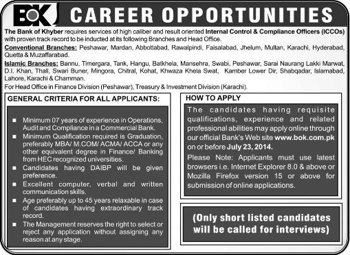 Bank of Khyber Jobs 2014 July for Internal Control & Compliance Officers