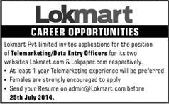 Telemarketing & Data Entry Officers Jobs in Islamabad 2014 July at Lokmart Pvt. Limited