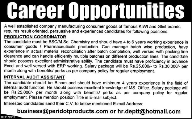 Production Coordinator & Internal Audit Jobs in Karachi 2014 July at Peridot Products