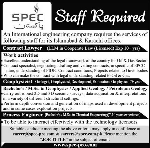 SPEC Pakistan Jobs 2014 July for Contract Lawyer, Geophysicist &  Process Engineer