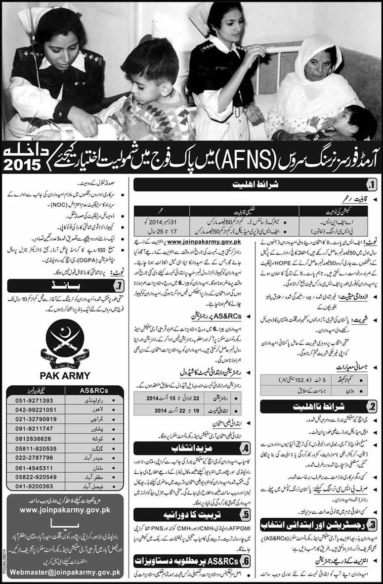 Join Pak Army 2015 Admission in Armed Forces Nursing Service (AFNS)