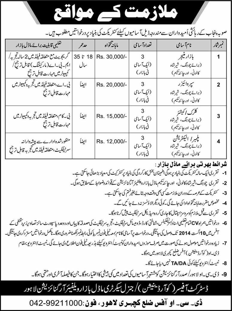 Model Bazar Lahore Jobs 2014 July Latest in City District Government