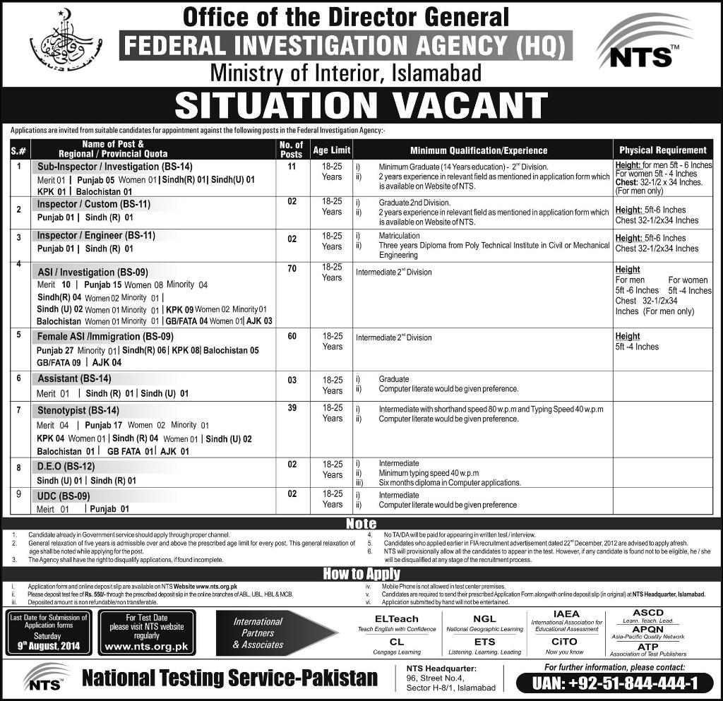 Federal Investigation Agency Jobs July 2014 NTS Application Form Download