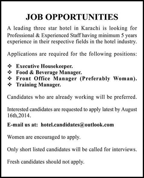Hotel Management Jobs in Karachi 2014 August for a Three Star Hotel