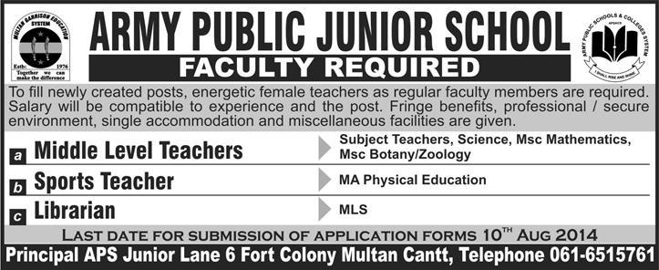 Army Public Junior School Multan Jobs 2014 August for Teaching Faculty, Sports Teacher & Librarian