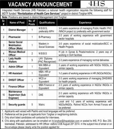 IHS Pakistan Jobs 2014 August for Revitalization of Health Care Services