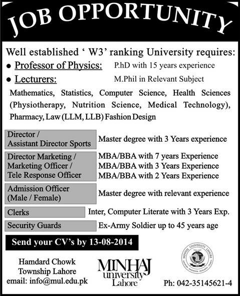 Minhaj University Lahore Jobs 2014 August for Teaching Faculty & Non-Teaching Staff