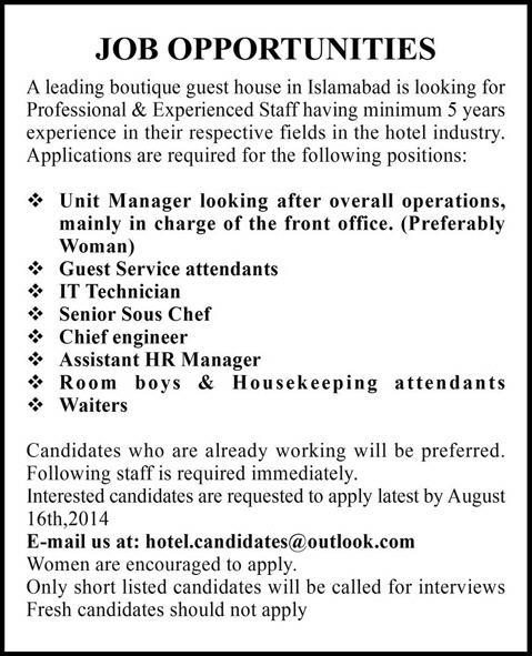 Boutique Guest House Jobs in Islamabad 2014 August for Hotel Staff