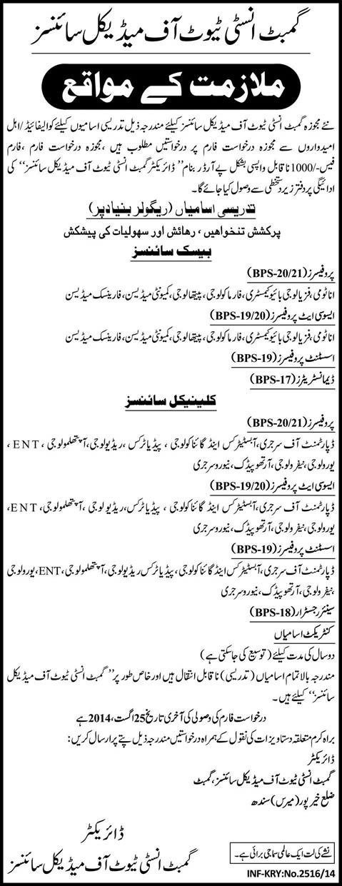 Gambat Institute of Medical Science Khairpur Jobs 2014 August for Medical Teaching Faculty