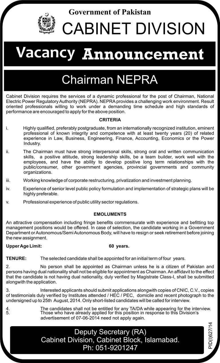 Cabinet Division Announces Chairman NEPRA Job 2014 August