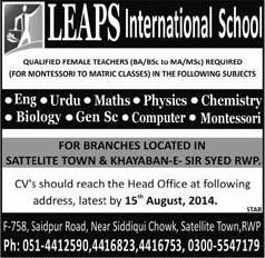 Female Teaching Jobs in Rawalpindi 2014 August at Leaps International School