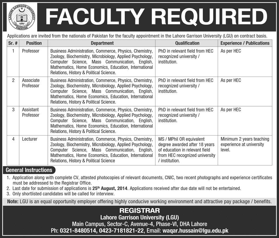 Lahore Garrison University Jobs 2014 August for Teaching Faculty
