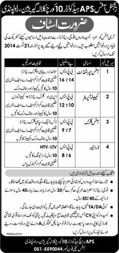 APS Headquarters Rawalpindi Jobs 2014 August for Superintendent, Computer Operator, Clerk & Driver