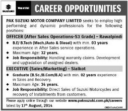 Pak Suzuki Motor Company Limited Jobs 2014 August for Sales & Marketing Staff