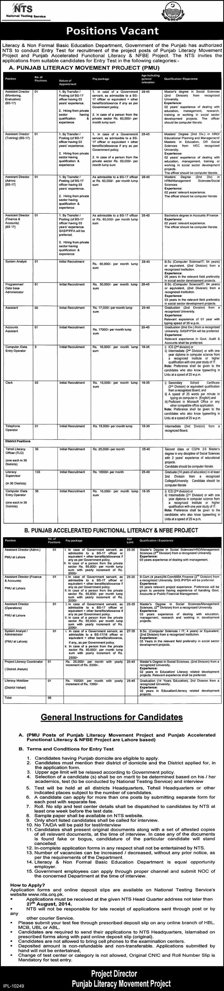 Literacy Department Punjab Jobs 2014 August NTS Application Form