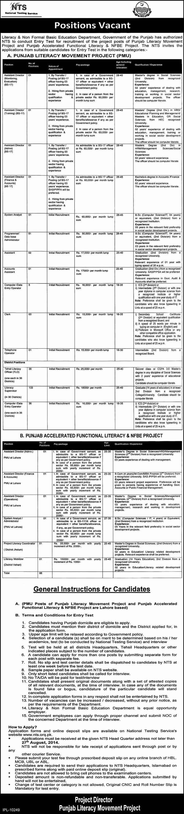 Literacy Department Punjab Jobs 2014 August NTS Application Form