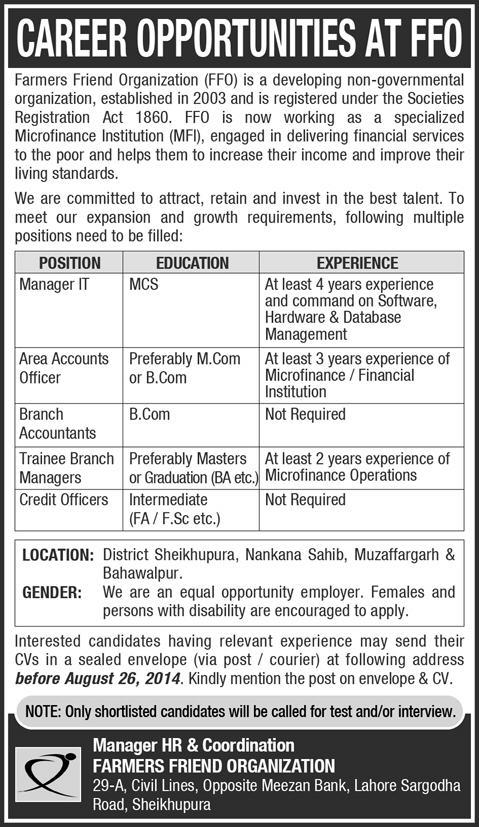 Farmer Friends Organization Sheikhupura Jobs 2014 August for Manager IT, Accounts Officer & Other Staff