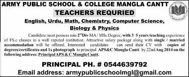 Army Public School & College Mangla Cantt Jobs 2014 August for Teaching Faculty