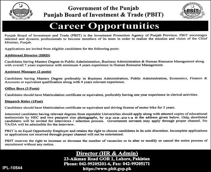 PBIT Jobs 2014 August Latest Punjab Board of Investment and Trade