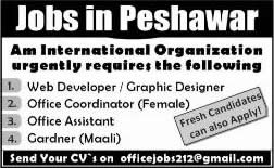 Jobs in Peshawar 2014 August for Web Developer / Graphic Designer, Office Coordinator / Assistant & Gardener