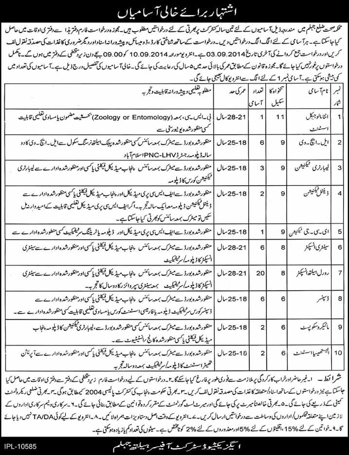 Health Department Jhelum Jobs 2014 August for Medical Technicians & Paramedics