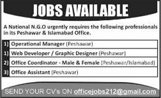 NGO Jobs in Islamabad / Peshawar 2014 August for Web Developer / Graphic Designer, Office Assistant & Other Staff