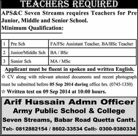APSC Seven Streams Quetta Cantt Jobs 2014 August for Teaching Faculty