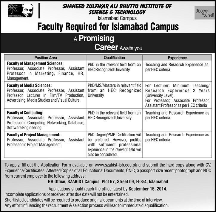 SZABIST Islamabad Jobs 2014 August for Teaching Faculty