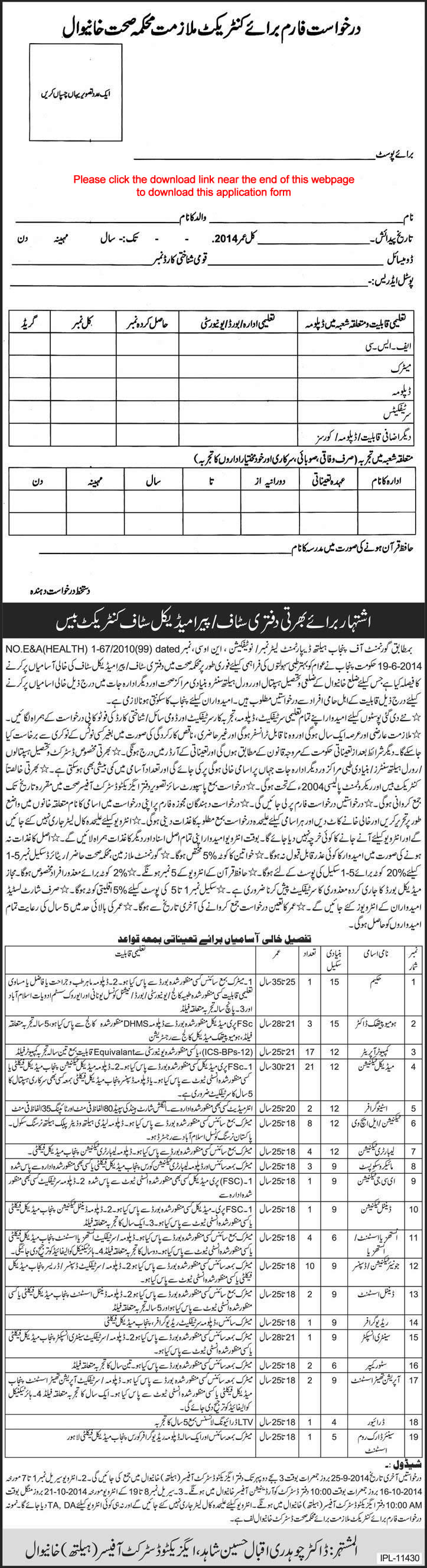 Health Department Khanewal Jobs 2014 September Application Form Download