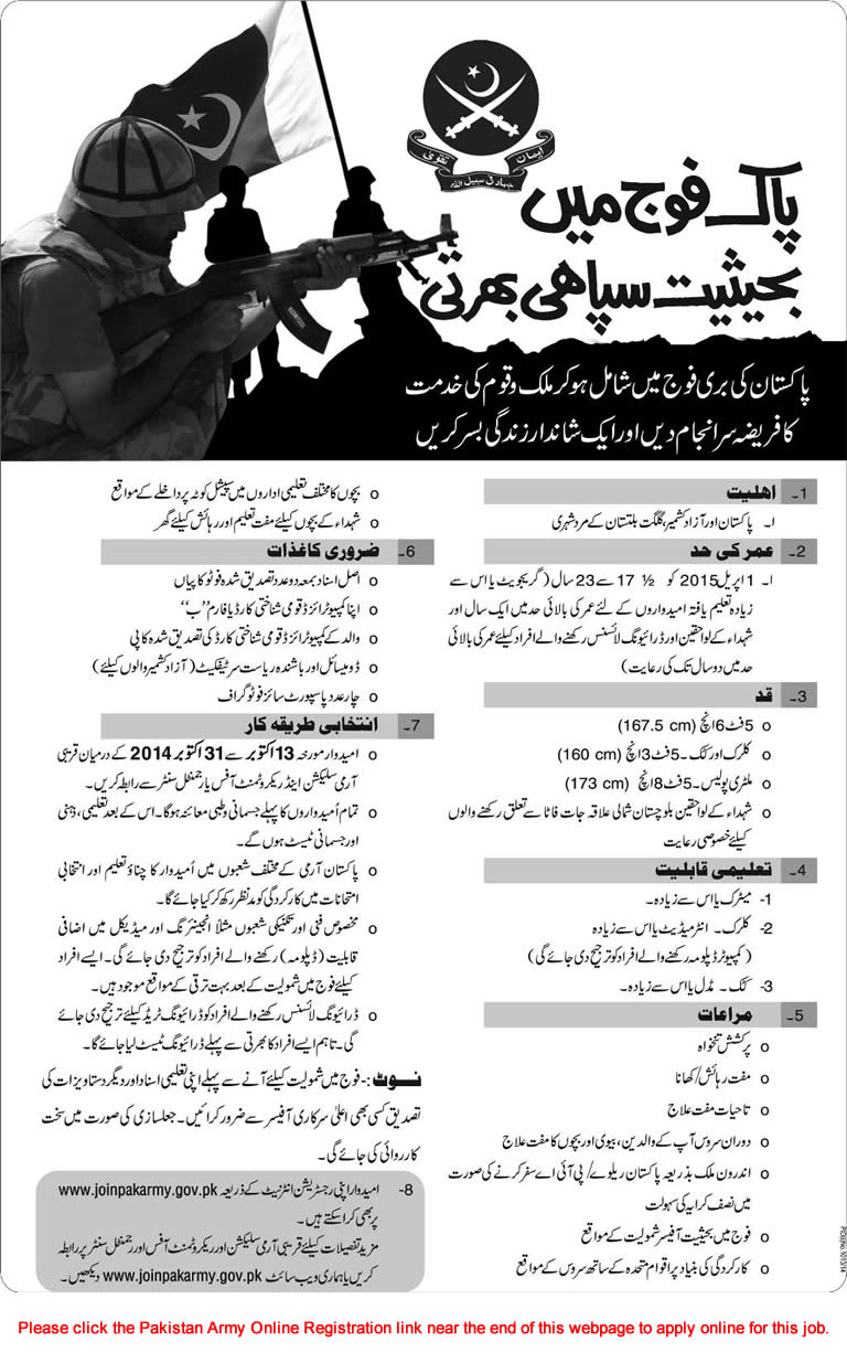 Join Pakistan Army as Soldier 2014 September Online Registration Jobs