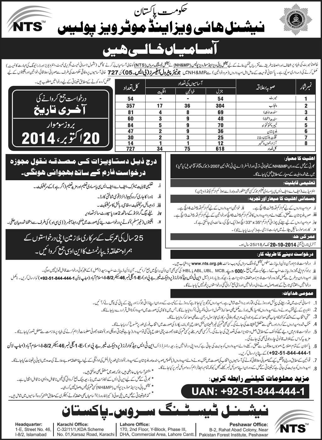 Motorway Police Jobs September 2014 NTS Latest Advertisement Jang / Express