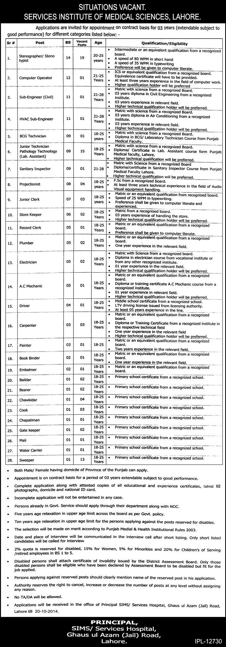 Services Institute of Medical Sciences Lahore Jobs 2014 October Stenographers, Lab Assistants & Others