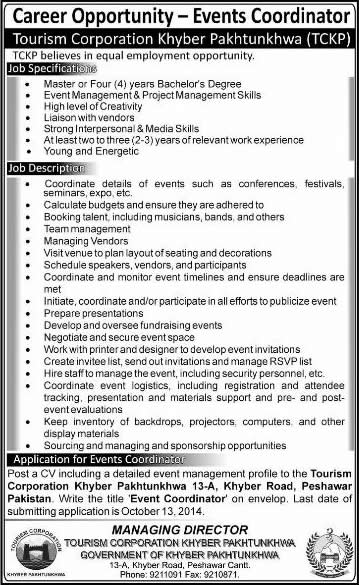 Events Coordinator Jobs in Tourism Corporation Khyber Pakhtunkhwa 2014 October TCKP