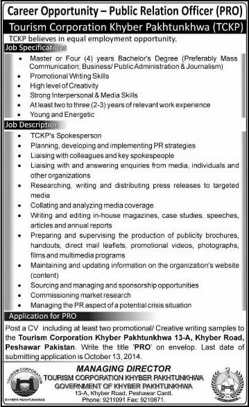 Public Relation Officer Jobs in TCKP 2014 October Tourism Corporation Khyber Pakhtunkhwa