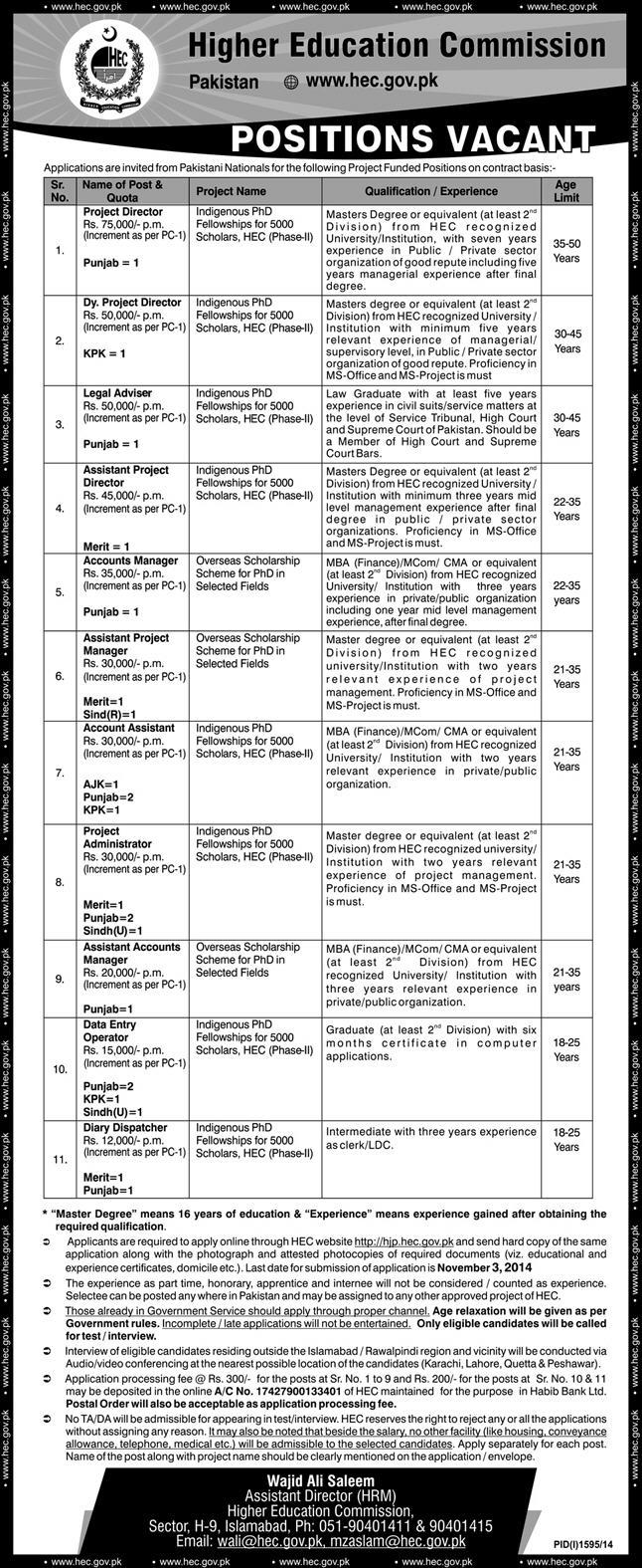 Higher Education Commission (HEC) Jobs 2014-October-03
