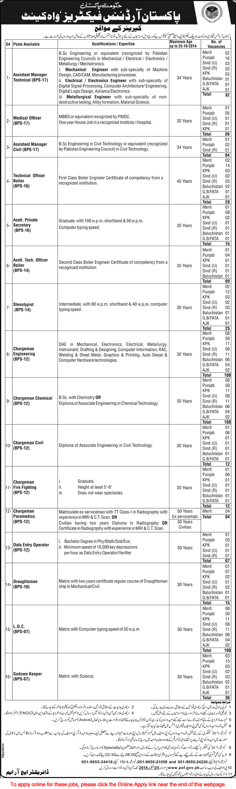 POF Wah Jobs October 2014 Online Application Form Latest/New Advertisement