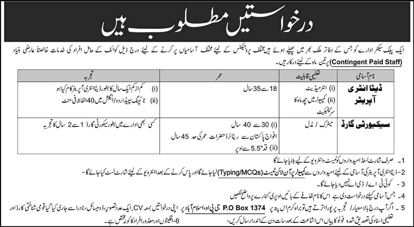 PO Box 1374 GPO Islamabad Jobs 2014 October Data Entry Operators & Security Guards Latest
