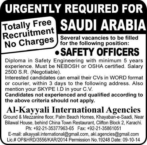 Safety Officer Jobs in Saudi Arabia 2014 October for Pakistanis Latest through Al-Kayyali International Agencies