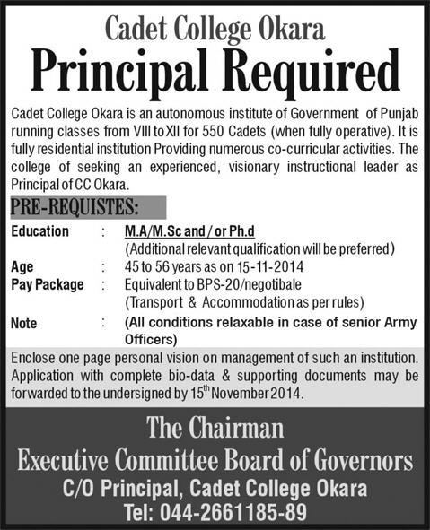 Principal Jobs in Okara 2014 October at Cadet College