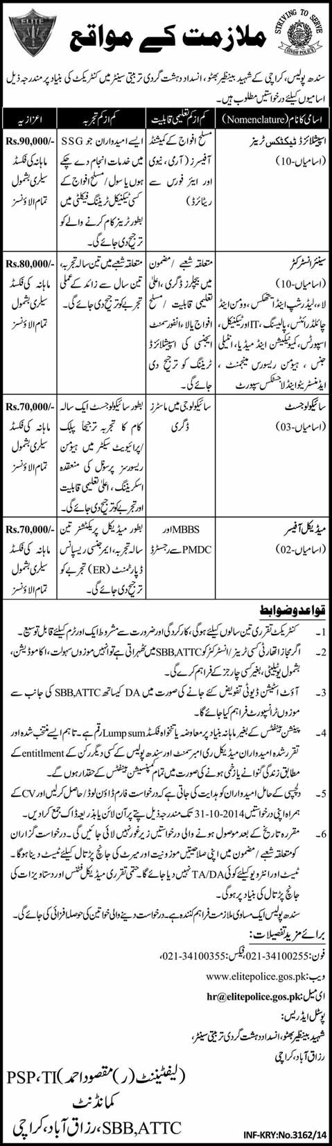 Sindh Police Jobs 2014 October Karachi Shaheed Benazir Bhutto Anti-Terrorist Training Center