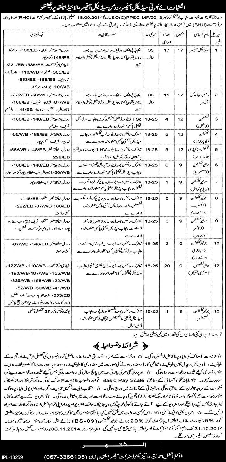 Health Department Vehari Punjab Jobs 2014 October Medical Officers & Medical Technicians