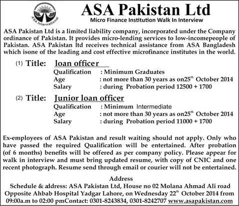 ASA Pakistan Jobs 2014 October in Lahore for Junior / Load Officers