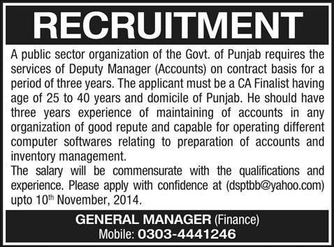 Chartered Accountant Jobs in Lahore 2014 October as Deputy Manager Accounts in Public Sector Organization